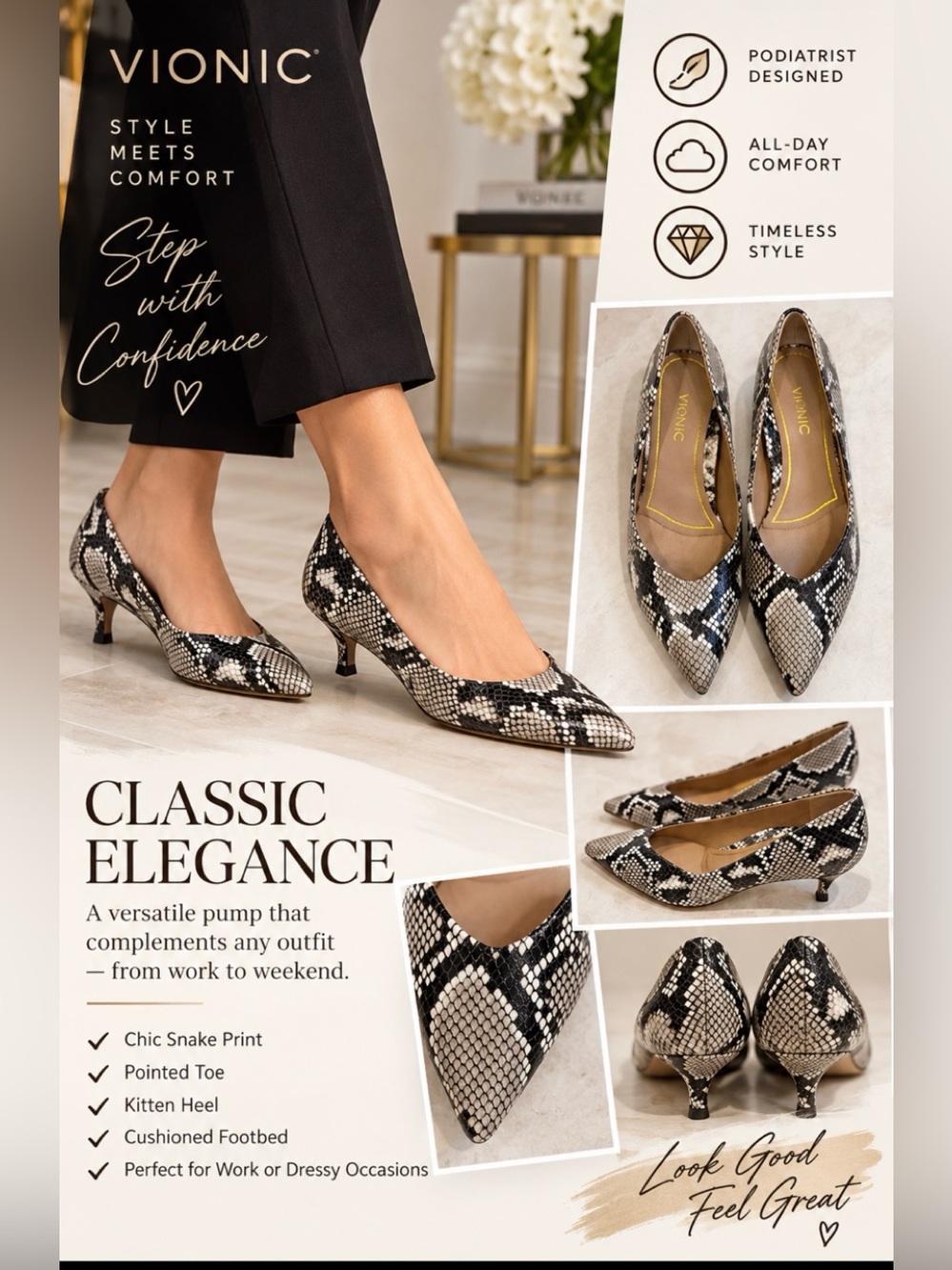 Vionic Snake-Print Pointed Kitten Heel Pump - Black & White